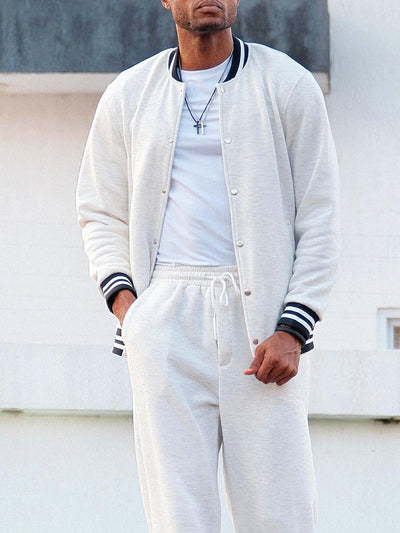 Coofandy Men's Classic Striped Trim Jacket Pants Set Casual Gray White