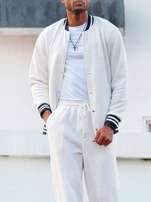 Coofandy Men's Classic Striped Trim Jacket Pants Set Casual Gray White