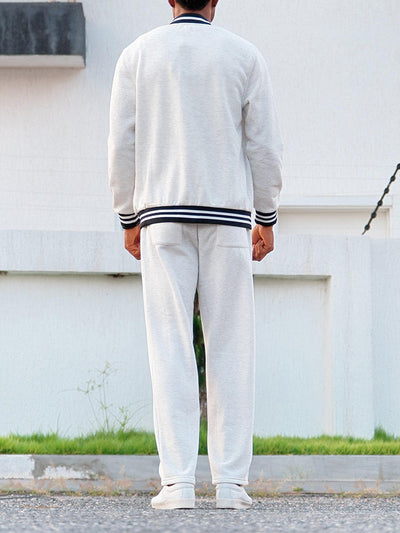 Coofandy Men's Classic Striped Trim Jacket Pants Set Casual Gray White