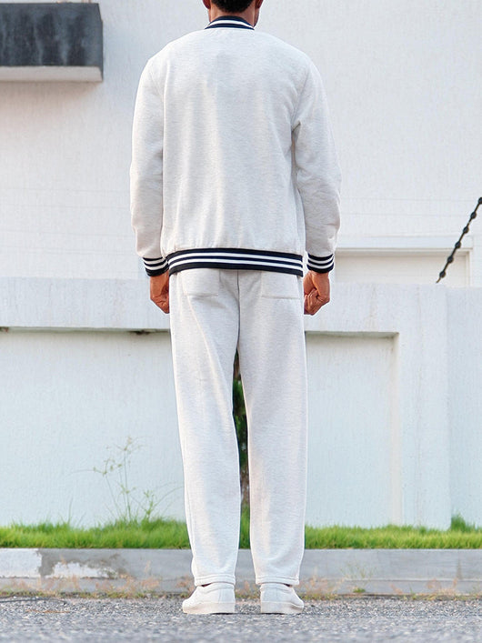 Coofandy Men's Classic Striped Trim Jacket Pants Set Casual Gray White