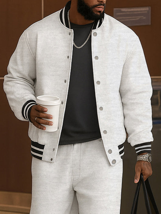Coofandy Men's Classic Striped Trim Jacket Pants Set Casual Gray White