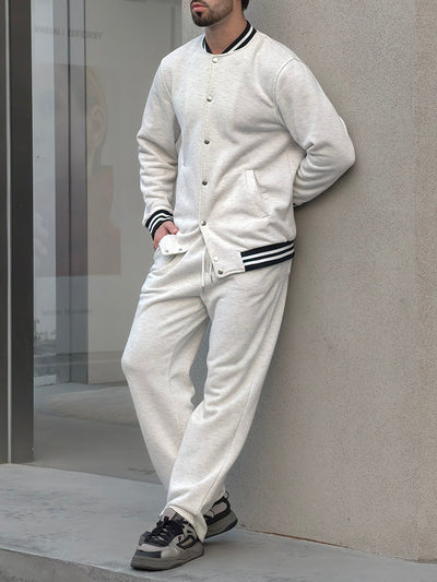 Coofandy Men's Classic Striped Trim Jacket Pants Set Casual Gray White
