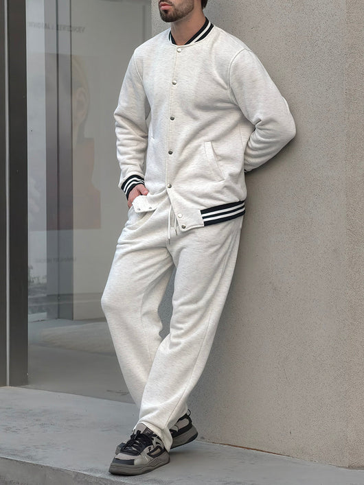 Coofandy Men's Classic Striped Trim Jacket Pants Set Casual Gray White