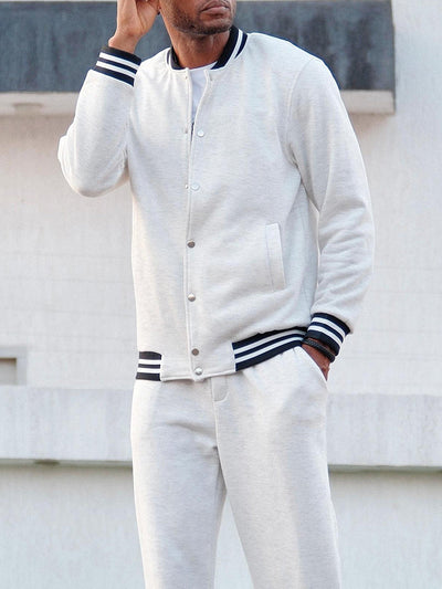 Coofandy Men's Classic Striped Trim Jacket Pants Set Casual Gray White