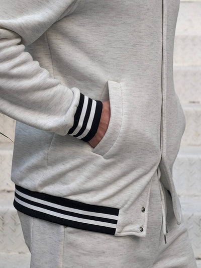 Coofandy Men's Classic Striped Trim Jacket Pants Set Casual Gray White