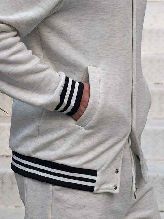 Coofandy Men's Classic Striped Trim Jacket Pants Set Casual Gray White
