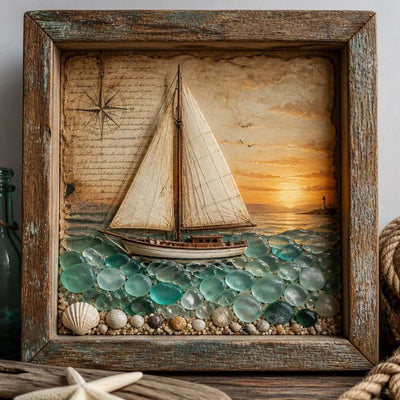 Coastal Lighthouse Sea Glass Shadow Box Night Light