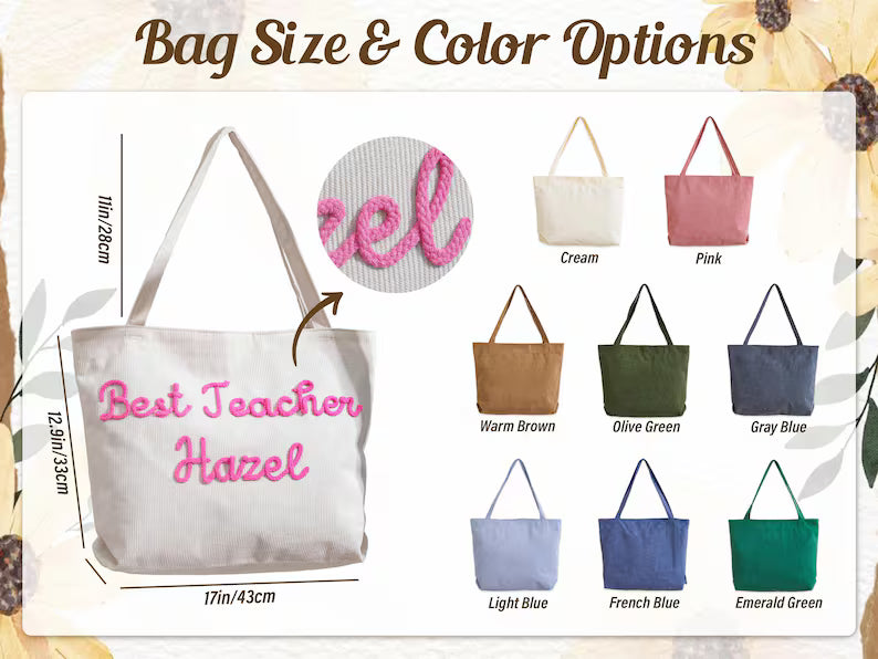 Personalized Corduroy Teacher Tote Bag - Hand Crochet Name Zipper bag