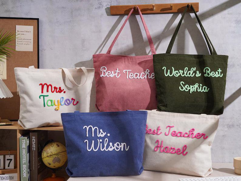 Personalized Corduroy Teacher Tote Bag - Hand Crochet Name Zipper bag