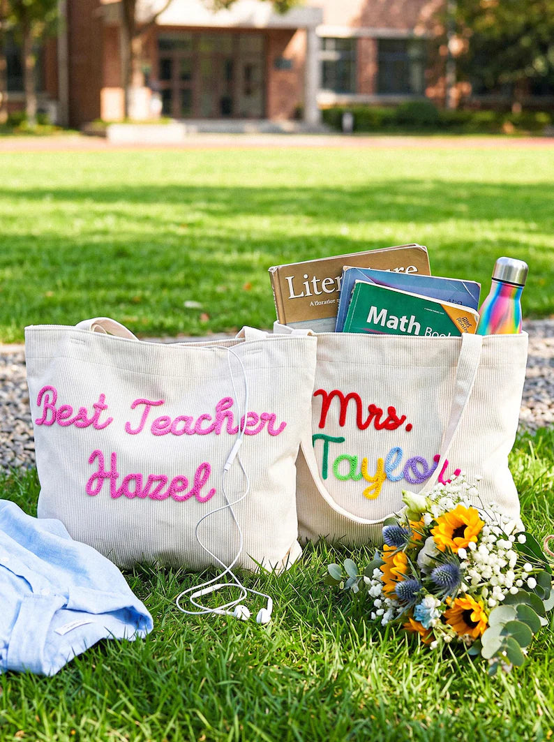 Personalized Corduroy Teacher Tote Bag - Hand Crochet Name Zipper bag