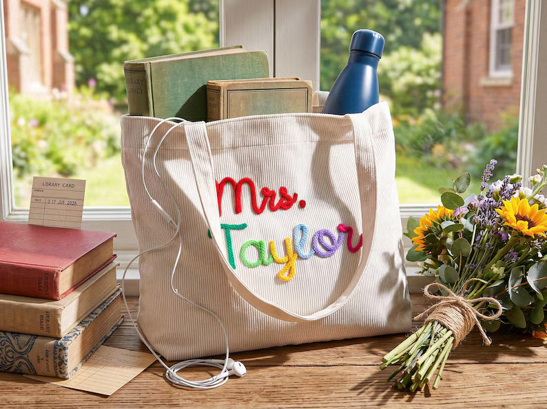 Personalized Corduroy Teacher Tote Bag - Hand Crochet Name Zipper bag