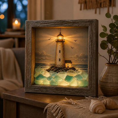 Coastal Lighthouse Sea Glass Shadow Box Night Light