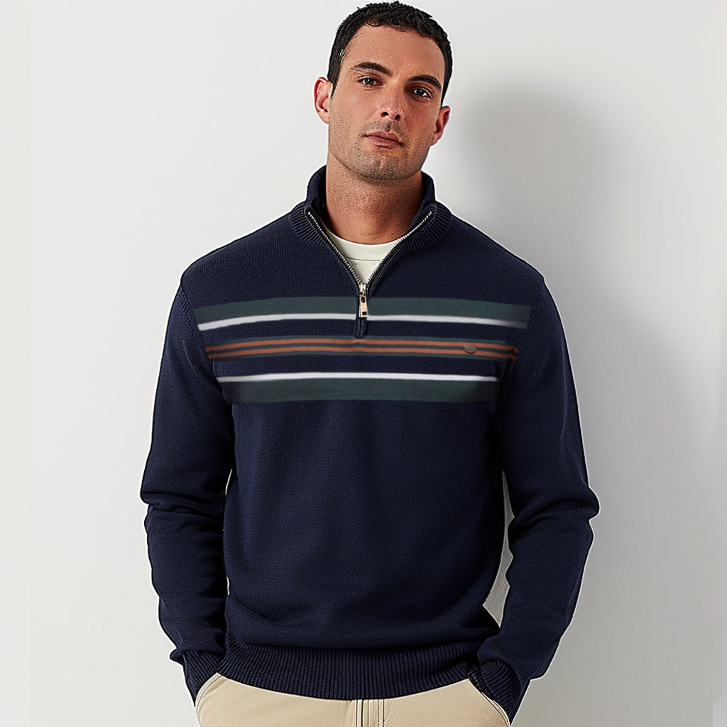 Cotton Knit Striped Half Zip Knitwear