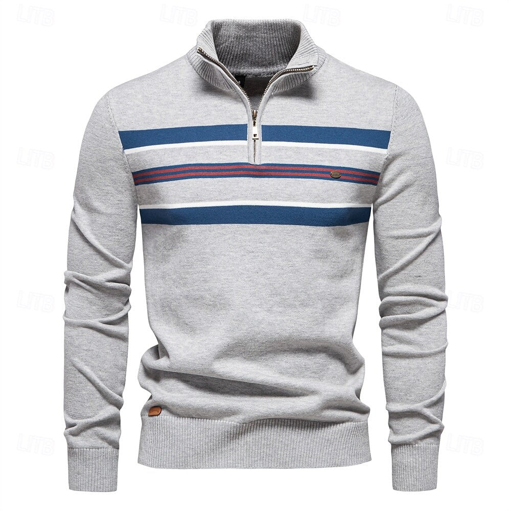 Cotton Knit Striped Half Zip Knitwear