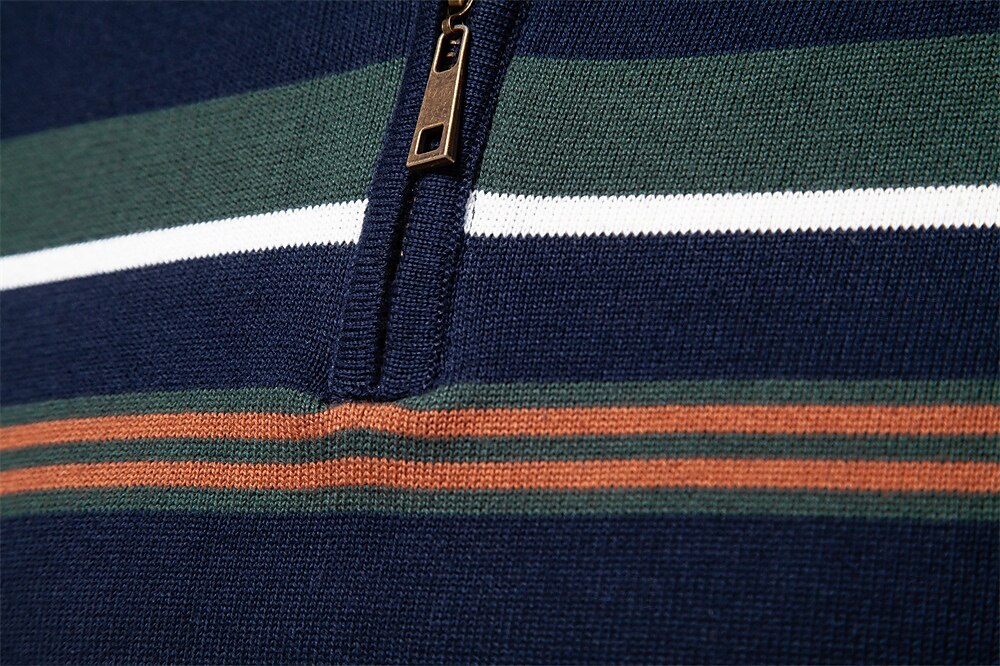 Cotton Knit Striped Half Zip Knitwear