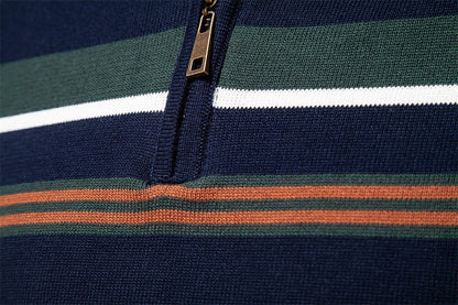 Cotton Knit Striped Half Zip Knitwear