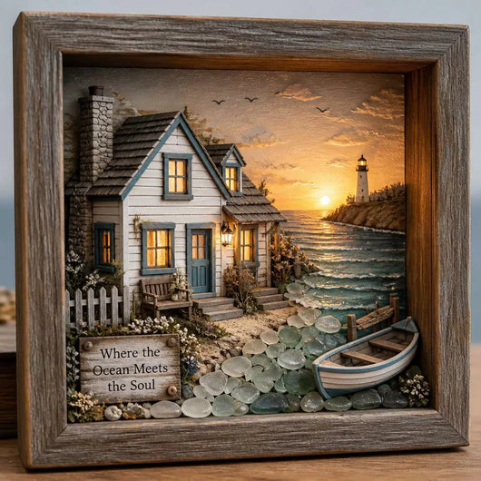 Coastal Lighthouse Sea Glass Shadow Box Night Light