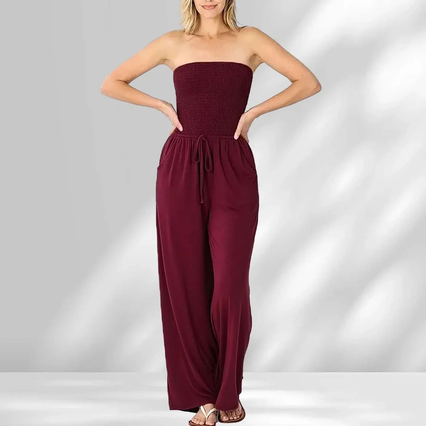 Off Shoulder Solid Color Smocked Jumpsuit