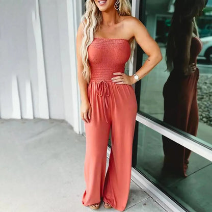 Off Shoulder Solid Color Smocked Jumpsuit